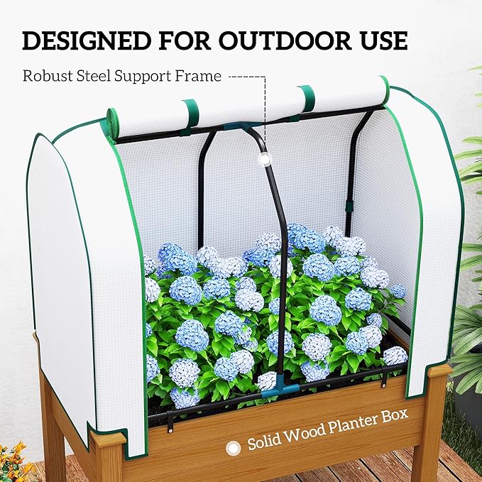 Outsunny Raised Garden Bed with PE Greenhouse Cover Outdoor Elevated Wood Planter Box for Herbs and Vegetables, Use for Patio, Backyard, Balcony, 35 x 22 x 47 inch, Brown