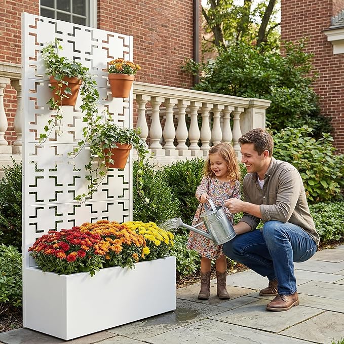 Casaphoria Metal Raised Garden Bed with Trellis, 59"x30"x12" Planter Box for Climbing Plants, Vegetables & Vines, Features Drainage Holes and Privacy Screen, White-Square