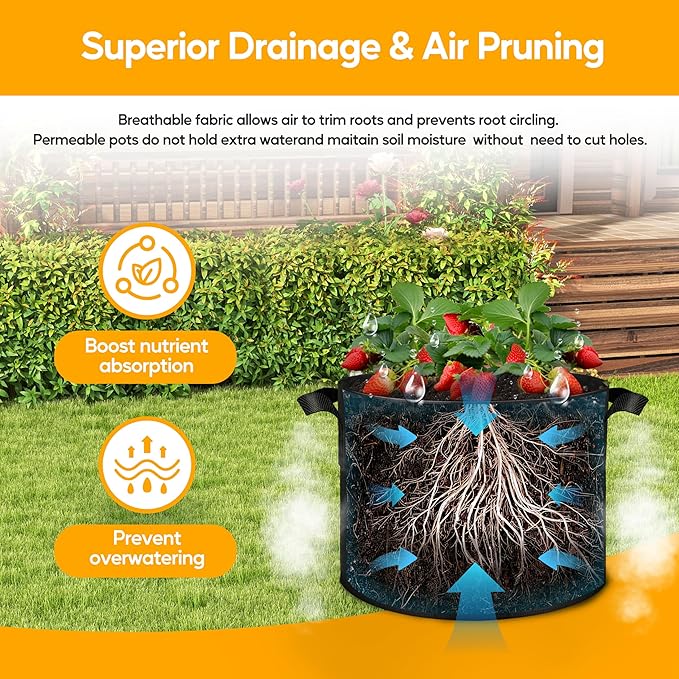 Simple Deluxe Grow Bags 7 Gallon 5 Pack Planter Pots with Handles, Thickened Nonwoven Fabric Aeration Cloth Bag, Heavy Duty Gardening for Tomoato, Potato, Vegetable, Herbs and Flowers, Black