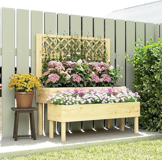 Outsunny 2-Tier Raised Garden Bed with Trellis, Wooden Elevated Planter Box with Drainage Gaps, Liners, Trellis Planter for Climbing Plants, Flowers, Herbs, 42.5" x 24.4" x 47.2", Natural