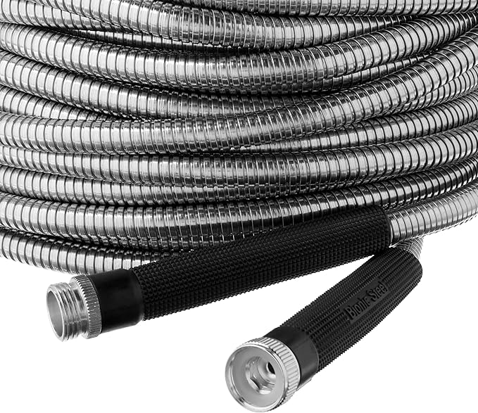 BIONIC STEEL 10Ft Metal Garden Hose with Sprayer Nozzle,NonKinking Designed Stainless Steel Heavy Duty Water Hose 100Ftx5/8".Flexible NON Expandable for Uninterrupted Water Flow,500 PSI(Pack of 2)