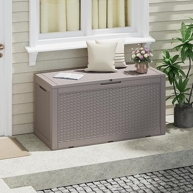 100 Gallon Outdoor Storage Box, Resin Deck Boxes Outdoor Waterproof For Patio Furniture, Garden Tools, Pool Supplies, Lockable And UV Resistant (Rattan Gray)