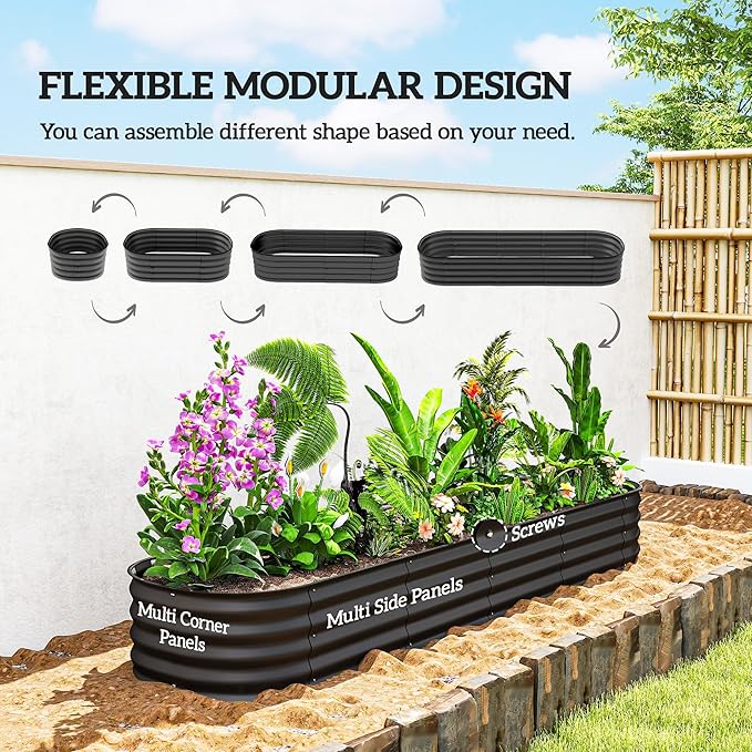 Outsunny 8' x 2' x 1' Galvanized Raised Garden Bed Kit, Outdoor Metal Elevated Planter Box with Safety Edging, Easy DIY Stock Tank for Growing Flowers, Herbs & Vegetables, Dark Gray