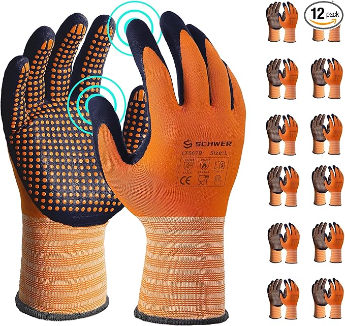 Schwer 12 Pairs Safety Work Gloves MicroFoam Nitrile Coated, Level 4 Abrasion & A1 Cut Resistant Nylon Working Gloves with MicroDot Grip, Touchscreen, Used for General Work, Gardening, LT5619, L