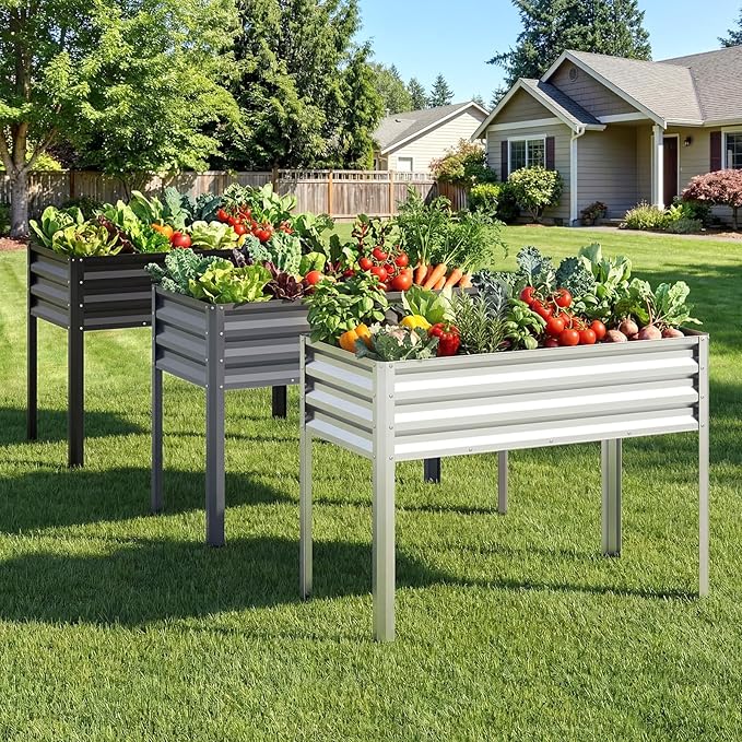 Giantex Raised Garden Bed with Legs, 44" x 22" x 32" Metal Large Elevated Planter Box for Vegetable Flower Fruit Herb, Heavy Duty Outdoor Gardening Planter for Backyard Patio Balcony, Gray
