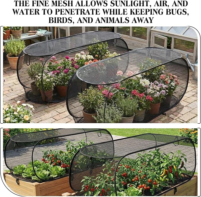 2 Pcs 39" x 18" x 16" Pop up Garden Rows Plants Cover Vegetable Mesh Plant Protector Net Cage Guard with Ground Nails for Protecting Vegetable Fruit Seedling from Animal (Black)