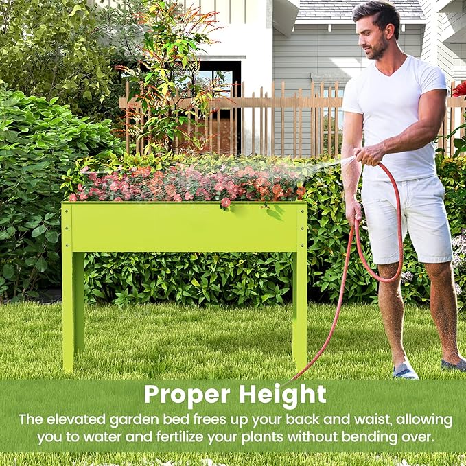 Giantex Raised Garden Bed, Metal Planter Box with Legs, Drain Hole, Outdoor Indoor Elevated Garden Box for Vegetable Flower Herb Fruit, Standing Raised Beds for Backyard Porch Balcony Green