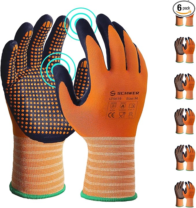 Schwer 6 Pairs Safety Work Gloves MicroFoam Nitrile Coated, Level 4 Abrasion & A1 Cut Resistant Nylon Working Gloves with MicroDot Grip, Touchscreen, Used for General Work, Gardening, LT5619, M