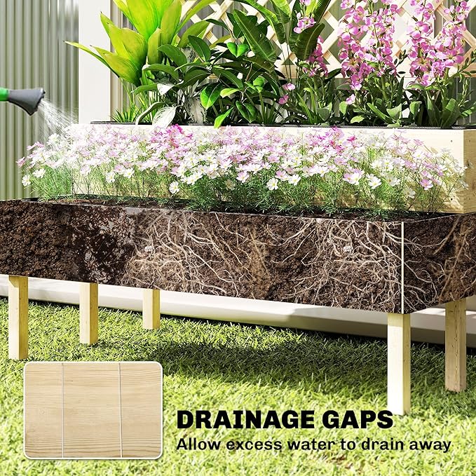 Outsunny 2-Tier Raised Garden Bed with Trellis, Wooden Elevated Planter Box with Drainage Gaps, Liners, Trellis Planter for Climbing Plants, Flowers, Herbs, 42.5" x 24.4" x 47.2", Natural