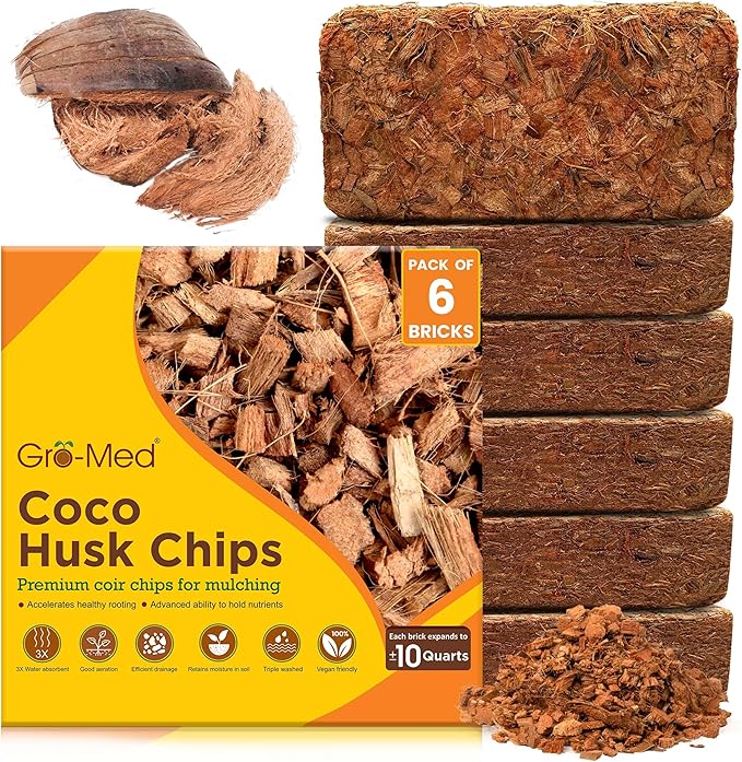 Gro-Med Coco Chips for Plants (500g Bricks, 6-Pack) - Organic Coconut Husk Chips for Potting, Garden & Seed Starter Soil - Coconut Mulch for Garden & Plants