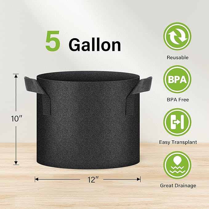 HealSmart Plant Grow Bags 5 Gallon, Tomoato Planter Pots 5-Pack with Handles, Aeration Nonwoven Fabric, Heavy Duty Gardening Planter for Vegetable, Herbs and Flowers, Black