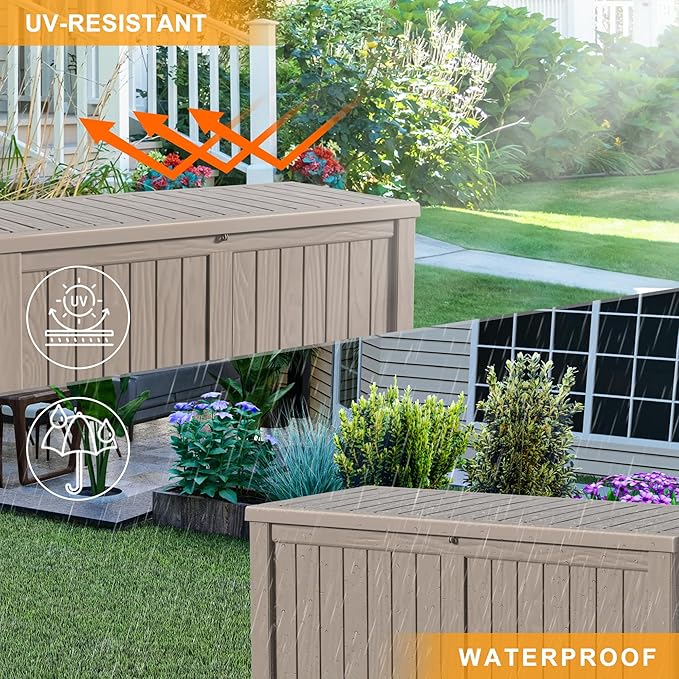150 Gallon Outdoor Deck Box,Waterproof Resin Outdoor Storage Boxes, Outside Storage Lockable Container for Garden Tools,Indooor Cushions,Accessories (Grey)