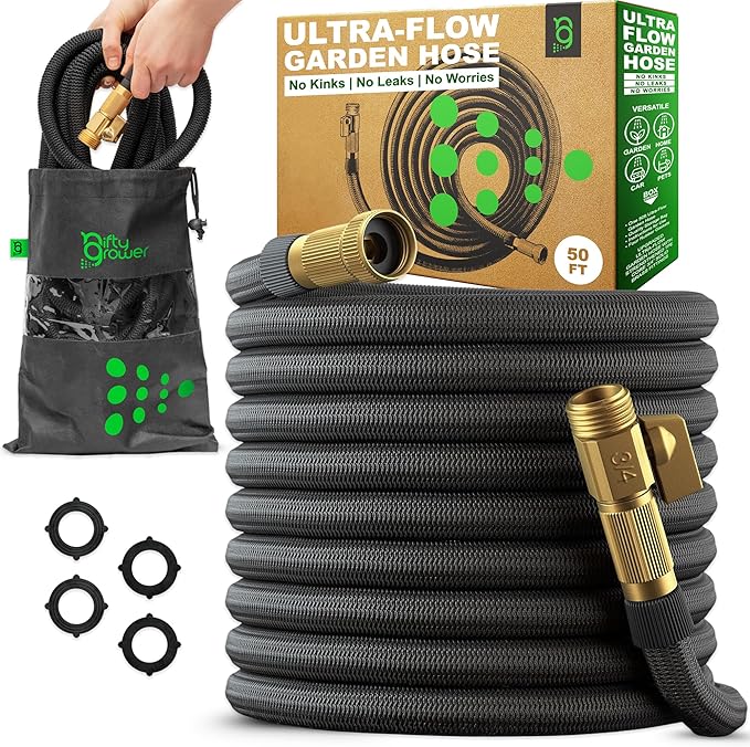 Easy to Use Garden Hose 50 FT, Lightweight and Leak-Proof Heavy-Duty Flexible Water Hose 50FT with Reinforced TPE Core, 3/4" Solid Brass Fittings, Ultra-Flow Manguera Para Jardin, Built to Last