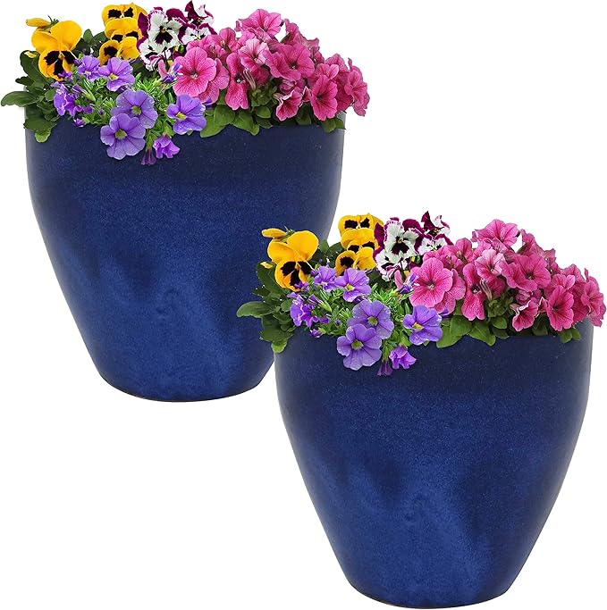 Sunnydaze Round Resort Ceramic Planter - Set of 2 Indoor or Outdoor Plant Pots with Drainage Hole - 10" - Imperial Blue Glaze