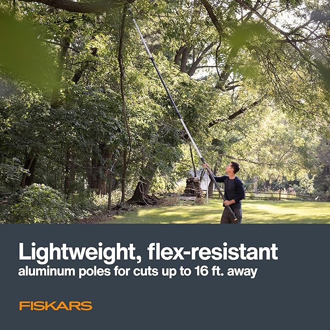 Fiskars XtendControl 16' Tree Pruner Kit with Rotating Pruner Head, 15" X3 Double-Hooked Saw, Two 4-8 Ft Extension Poles, Cuts Branches up to 1.25", Pivots 45 Degrees, Lightweight Aluminum