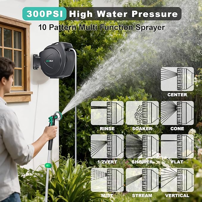 Retractable Garden Hose Reel, 65FT +6FT 5/8" Durable Wall Mounted Water Hose Reel with 180° Swivel Bracket, 9 Pattern Sprayer, 6Ft leader hose,Smooth Automatic Rewind, Any Length Lock.