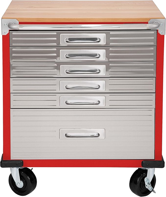 Seville Classics UltraHD Heavy Duty Rolling Cabinet Workbench Table w/Solid Wood Top, Workstation for Garage, Office, Workshop, Red, 6-Drawer (28" W x 18" D