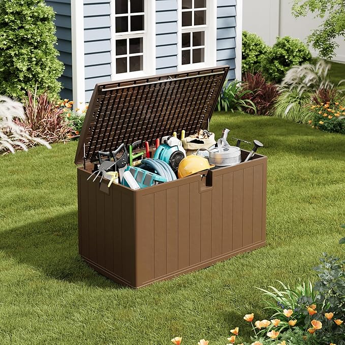 GarveeLife 130 Gallon Outdoor Storage Box, Large Resin Deck Box with Hydraulic Air Rod, Weatherproof & Lockable Outdoor Storage Bin for Patio Cushions, Garden Tools, Pool Supplies, Porch, Brown