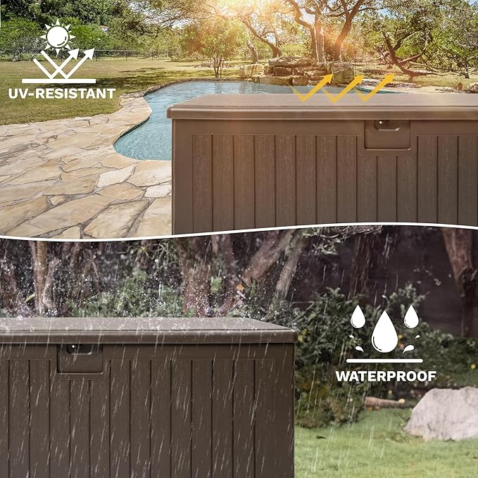 DWVO 230 Gallon Resin Outdoor Storage Box, XXL Double-Wall Waterproof Deck Box with Divider, Doubles as Table or Seating with 1000 lbs Capacity, Lockable (Brown)