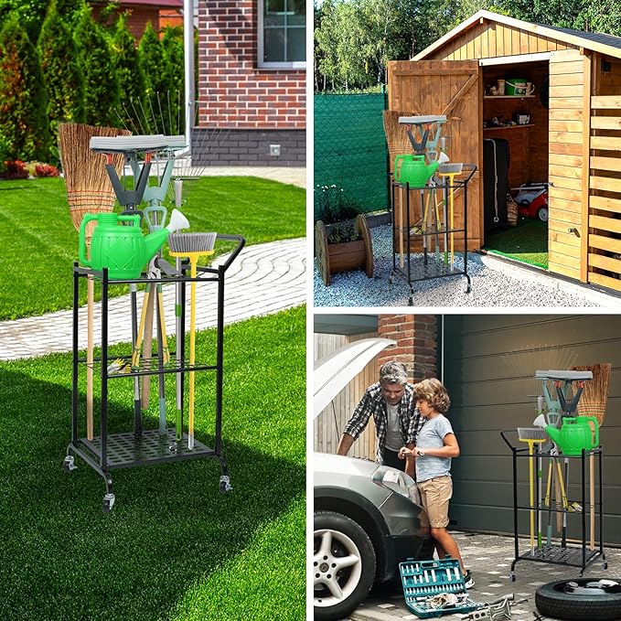 Garden Tool Organizer and Storage, Yard Tool Organizer for Garage Up to 41 Tools, 3-tire Yard Tool Holder Holding Long Handled Tools for Shed Garden Outdoor with Wheels