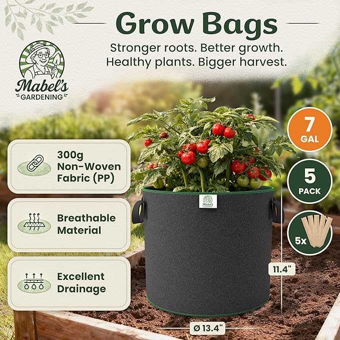 Mabel's Gardening 5-Pack 7 Gallon Grow Bags - Garden Planting Bags 13.4 x 11.4 INCH Made of 8.85 oz/yd² (300g/m²) Felt & Fleece Fabric Plant Pot, Plant Bag, Grow Bag for Cucumber Tomato Zucchini