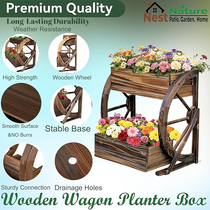 Wooden Wagon Garden Planter Box with Wheels-Indoor/Outdoor Decor for Patio, Backyard, Balcony-Country Farmhouse Flower Box-2 Tier Rustic Garden Raised Bed for Flowers, Herbs, Vegetables