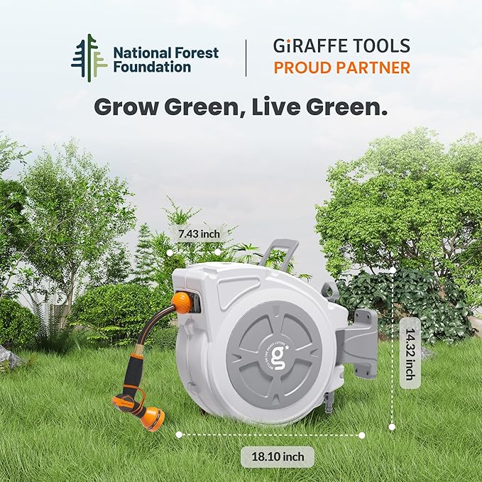 Giraffe Tools Retractable Hose Reel 1/2" x 65 ft Heavy Duty Water Hose Reel, Swivel Bracket, Any Length Lock, with 9-Function Sprayer Nozzle