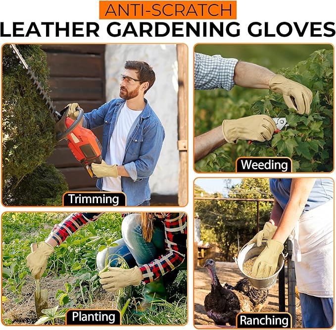 HANDLANDY Men Leather Gardening Gloves, Utility Work Gloves for Mechanics, Construction, Driver