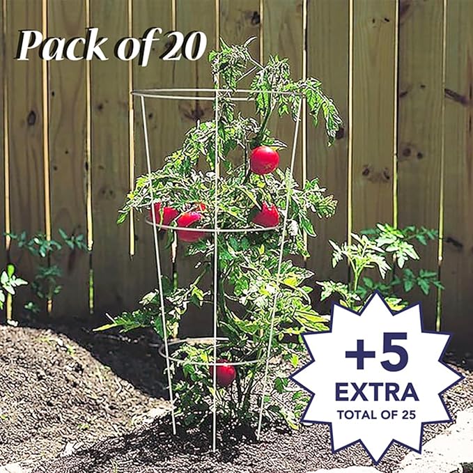 BestNest Panacea 89723 Round Tomato & Pepper Towers – Galvanized Steel Plant Cages, 33" H with 3 Rings & 3 Legs – 15" Stakes – Heavy-Duty Support for Outdoor Plants – 20 Pack