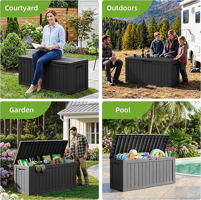 85 Gallon Outdoor Storage Deck Box Waterproof Resin Lockable Outside Bench Porch Patio Furniture Pool Float Garden Tool Cushion UV Resistant Bin Black