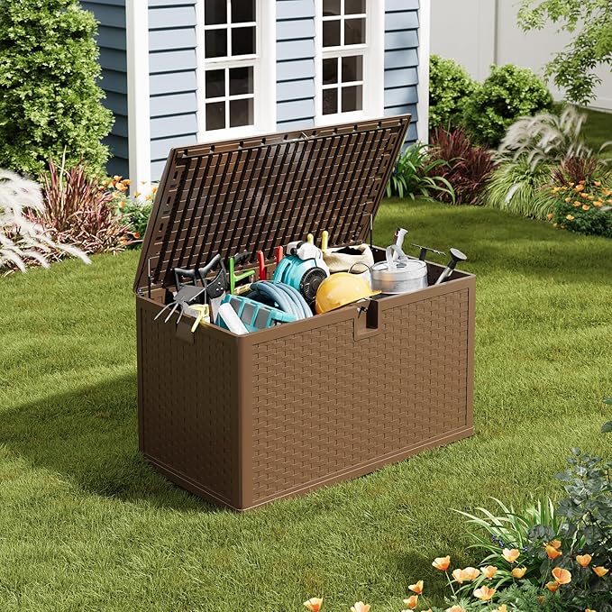 GarveeLife 120 Gallon Outdoor Storage Box, Large Resin Deck Box with Hydraulic Air Rod, Weatherproof & Lockable Outdoor Storage Bin for Patio Cushions, Garden Tools, Pool Supplies, Porch, Brown