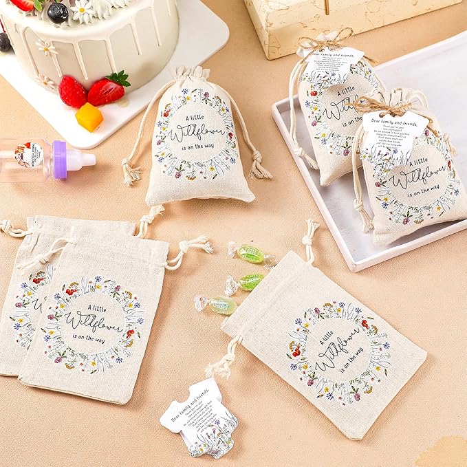 Fumete 50 Sets Wildflower Baby Shower Seed Packets Party Favors for Guests Baby in Bloom Favors Decorations Burlap Bags with Drawstring Thank You Cards and Twine, No Seeds (Wildflower)