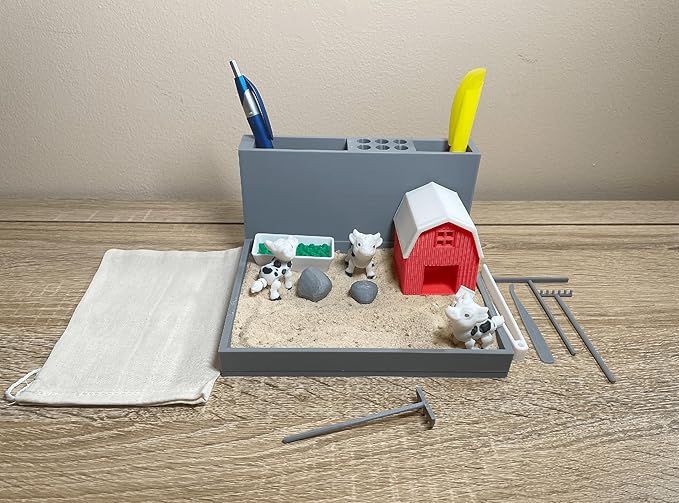 Yippeemaker - Cow Farm Zen Garden Desk Organizer Pencil Holder Sand Garden DIY Kit Gifts for Him Her Office Decor Fun Therapy Made in USA Sand Included