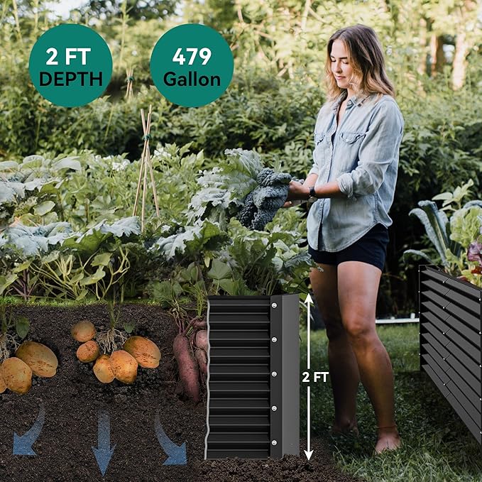 YITAHOME 8x4x2ft Raised Garden Bed Kit, Outdoor Large Metal Patio Planter Box with 2 Gloves, Ground Nails, Support Rod, and Safe Edge Curling Design for Plants Vegetables Flowers, Dark Gray