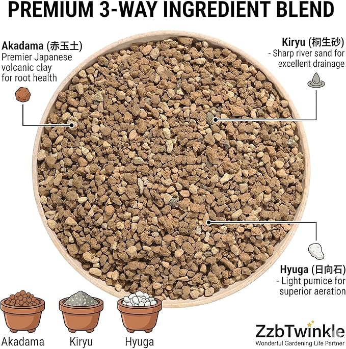 Japanese Akadama Kiryu Hyuga Bonsai Soil Mix, Premium All-Purpose Blend for Bonsai Tree Succulents Orchids and More - Small Grain 23lb/15qt, Superior Aeration, Drainage & Water Retention