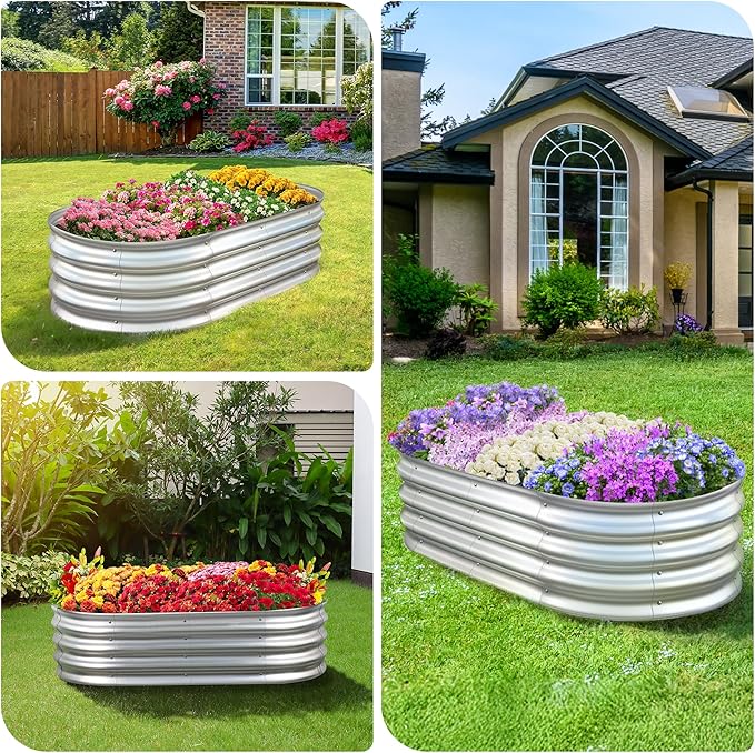 Sponvatt Raised Garden Bed - Outdoor Galvanized Raised Garden Bed Planter Boxes, Large Oval Metal for Gardening Planter Box Kit,Suitable for Vegetables,Herbs, and Flowers Silver (8x4x1 Ft)