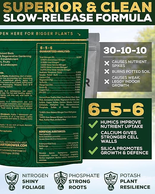 Bio-Active Plant Fertilizer Granular 6-5-6 Slow Release Carbon Enhanced Garden Fertilizer, Humic & Mycorrhizae – All Purpose Plant Food for Gardens, Indoor & Outdoor Plants, Smart Grower Genius+ 200g