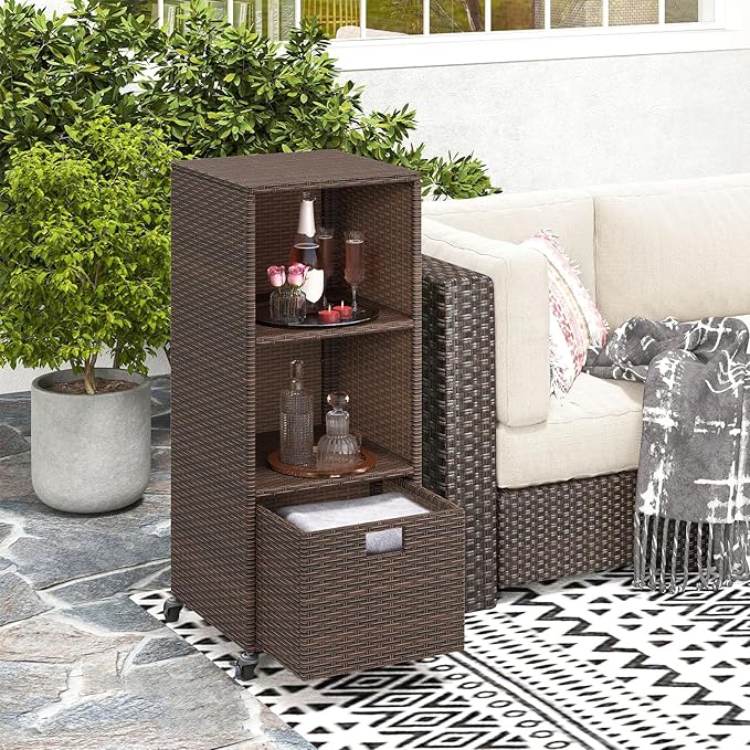 RELAX4LIFE Wicker Outdoor Storage Cabinet - Rattan Pool Towel Rack on Wheels w/Shelves and Drawer, Tall Patio Furniture Outside Caddy Organizer for Porch Deck, Garden Tool & Hot Tub Accessory Storage