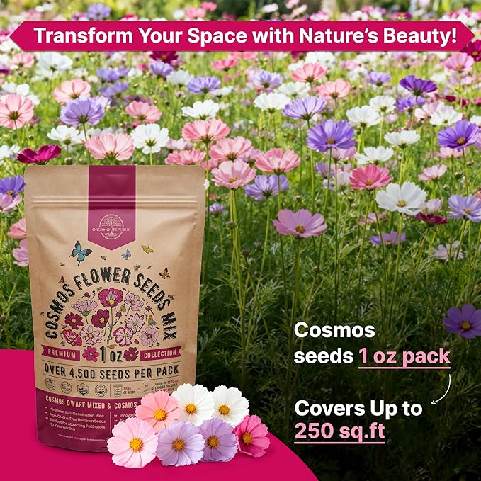 Cosmos Flower Seeds Pack 1 oz - 4,500 Non-GMO Heirloom Annual Seeds for Planting Indoor & Outdoor Gardening, Flower Seed for Garden in Resealable Packet, Floral Mix for Pollinators Perennial Mix