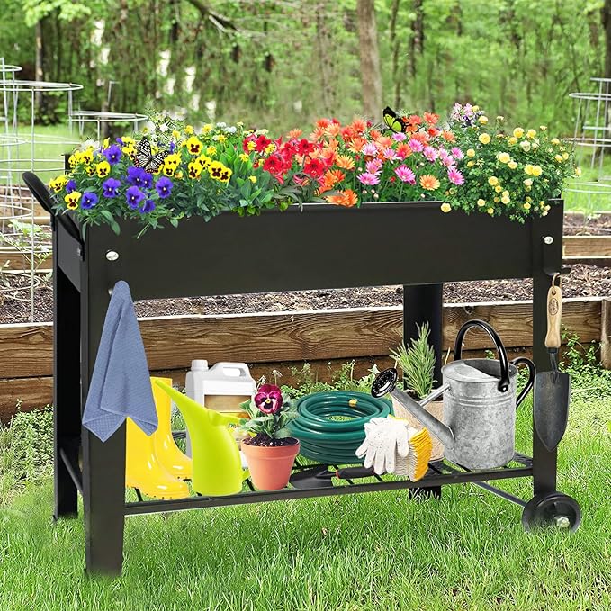 Raised Garden Planter Beds with Wheels Legs, Large Planters Box for Indoor Outdoor Plants,Metal Galvanized Elevated Rectangle Herb Planter Box for Vegetables Flower Patio 31.5" H