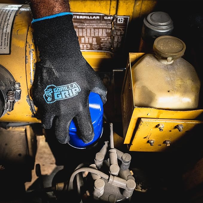Gorilla Grip Work Gloves, Never Slip Maximum Grip All-Purpose, Gloves for Men, Superior in Wet, Dry, Oily Conditions, Polymer Palm, Large Size, 15 Pairs, Black/Blue | 25042-25