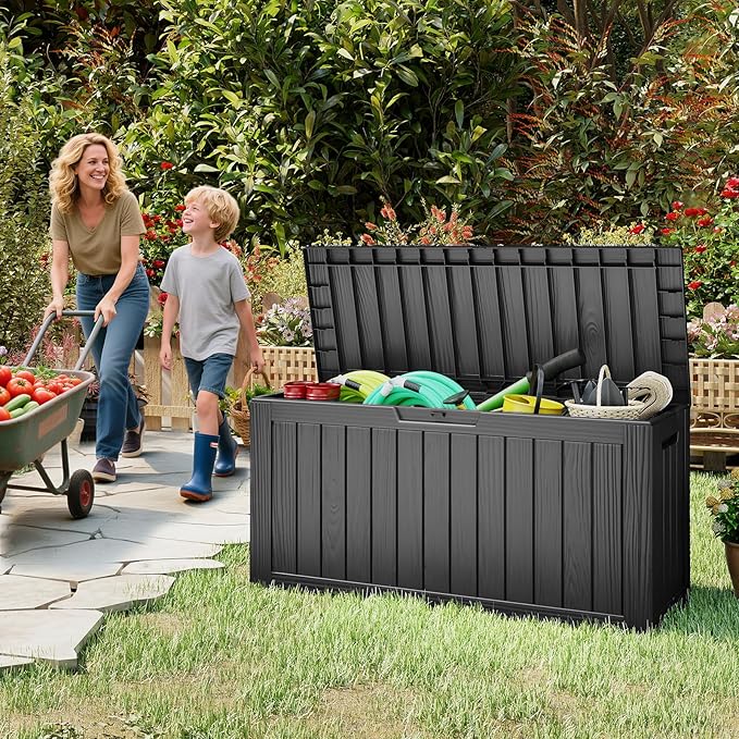 Outdoor Storage Box, 75 Gallon Deck Box Waterproof, Resin Patio Storage Bin for Package Delivery, Patio Furniture Cushion, Garden Tools, Pool Accessories, Weatherproof, Black