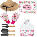 A1diee Mom Garden Tool with Box-Hand Rake Transplanter Apron Trowel Straw Hat Planting Gloves Gardening Set Outdoor Horticulture Starter for Best Mother in Law Plant Lover (Pink)