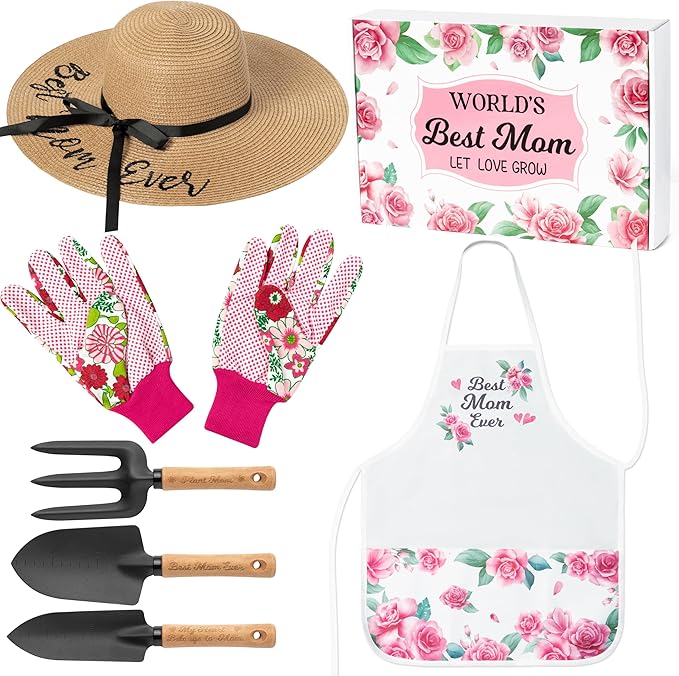 A1diee Mom Garden Tool with Box-Hand Rake Transplanter Apron Trowel Straw Hat Planting Gloves Gardening Set Outdoor Horticulture Starter for Best Mother in Law Plant Lover (Pink)