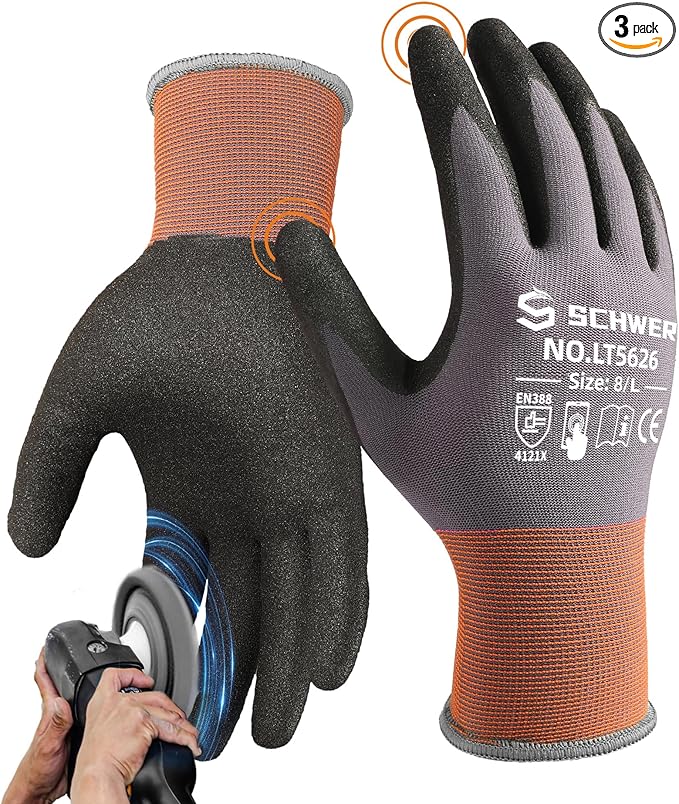 Schwer 3 Pairs Work Gloves with Sandy Nitrile Coating LT5626, Level 6 Abrasion Resistant (Certified) Heavy Duty Gloves with Grip for Men and Women, Ideal for General Use, Mechanic, Construction, S