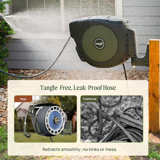 Vego Garden Hose Reel Retractable Hi-Flow Wall Mounted Hose Reel Automatic Rewind, Any Length Lock with 9 Patterns Sprayer Nozzle, Quick Connector and Adjustable shot Nozzle (Cloud White, 100ft)