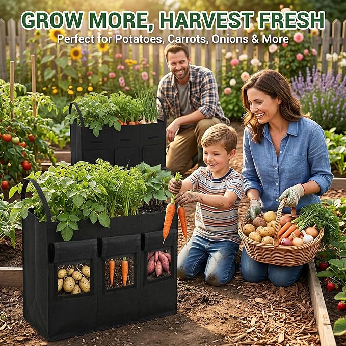 16 Gallon 2 Pack Potato Grow Bags with Harvest Window & Handles, 3-Compartment Nonwoven Fabric Planters Grow Bags for Potatoes, Potato Planter for Growing Tomato, Vegetables, Flower