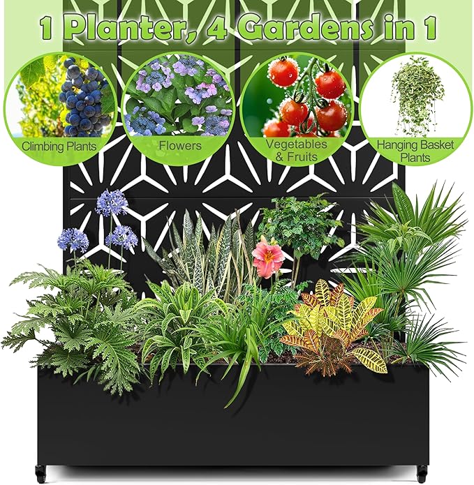 15.7"×70.9"×47.2" Metal Raised Garden Bed with Trellis and Wheels - Tall Trellis Planter Box for Climbing Plants, Vegetables & Vines - Outdoor Privacy Planters for Patio (Black-Star)