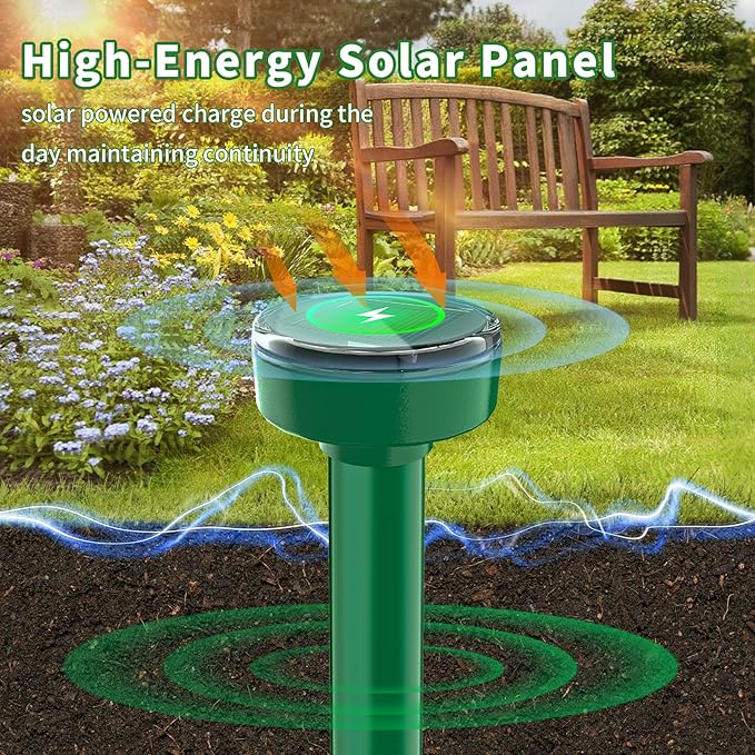 8 Pack Mole Repellent Ultrasonic Solar Powered Waterproof Outdoor Vole Chipmunk Gopher Groundhog Repeller Snake Rodent Sonic Spikes Deterrent Outdoor Mole Deterrent for Yard