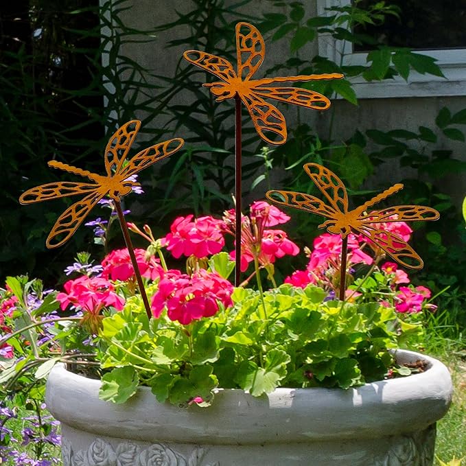 3 Pcs Rusty Dragonfly Stake Vintage Metal Garden Decor Sculpture - Plant Pot Accents for Lawn, Patio, Backyard Outdoor | Dragonfly Gift for Women